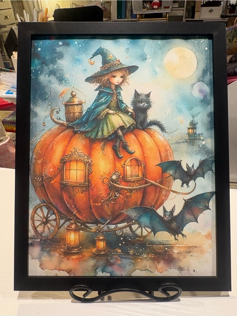 Framed Whimsical Pumpkin Carriage Witch 8x10 Art Print